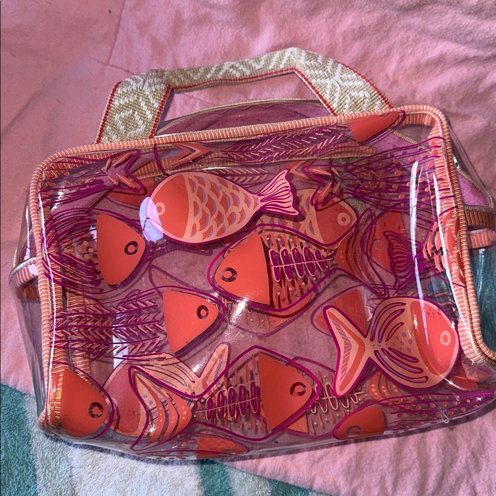 Vera Bradley travel zipper clear bag Coral & Pink fish 11"x7” and handles